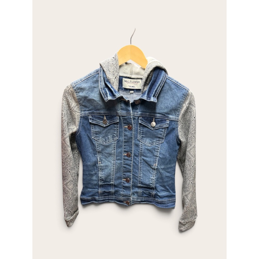 Wallflower The Dreamer Fit Denim Jacket Hooded Mixed Media Patterned Sleeves M